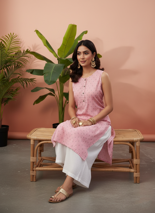 Light Pink Sleeveless Kurti for Women – Stylish Casual & Office Wear