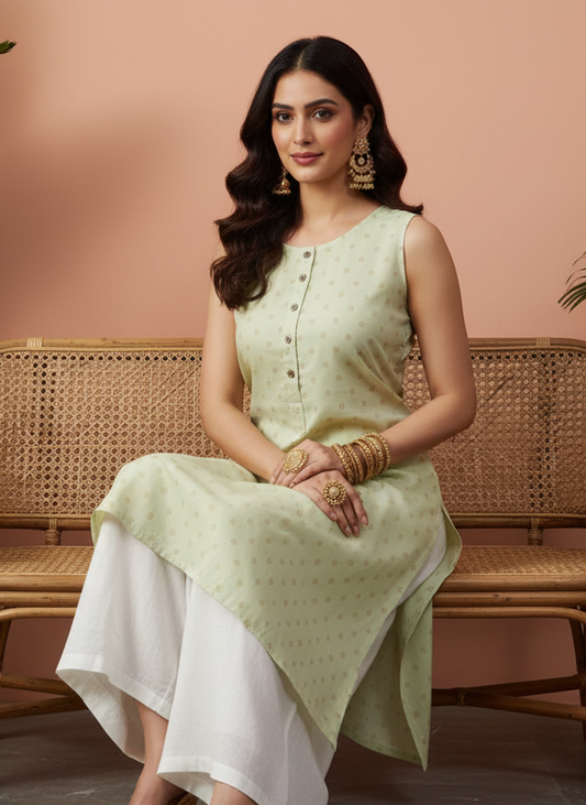 Light Green Sleeveless Kurti for Women – Elegant Summer Wear