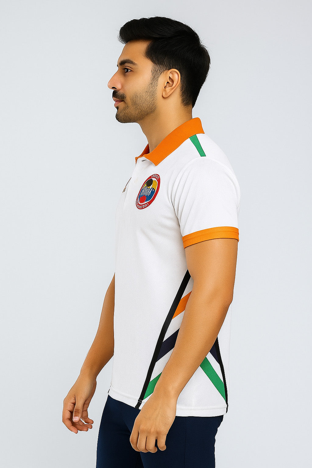 Men’s Karate WKF Polo T-Shirt – White Tricolor Sports Jersey | Martial Arts, Gym & Fitness Wear