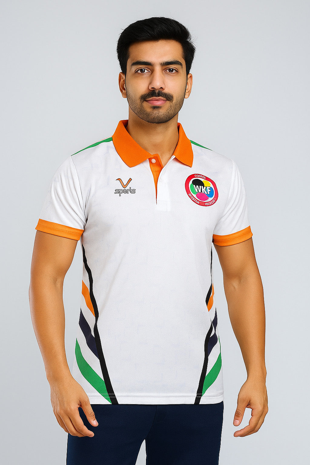 Men’s Karate WKF Polo T-Shirt – White Tricolor Sports Jersey | Martial Arts, Gym & Fitness Wear