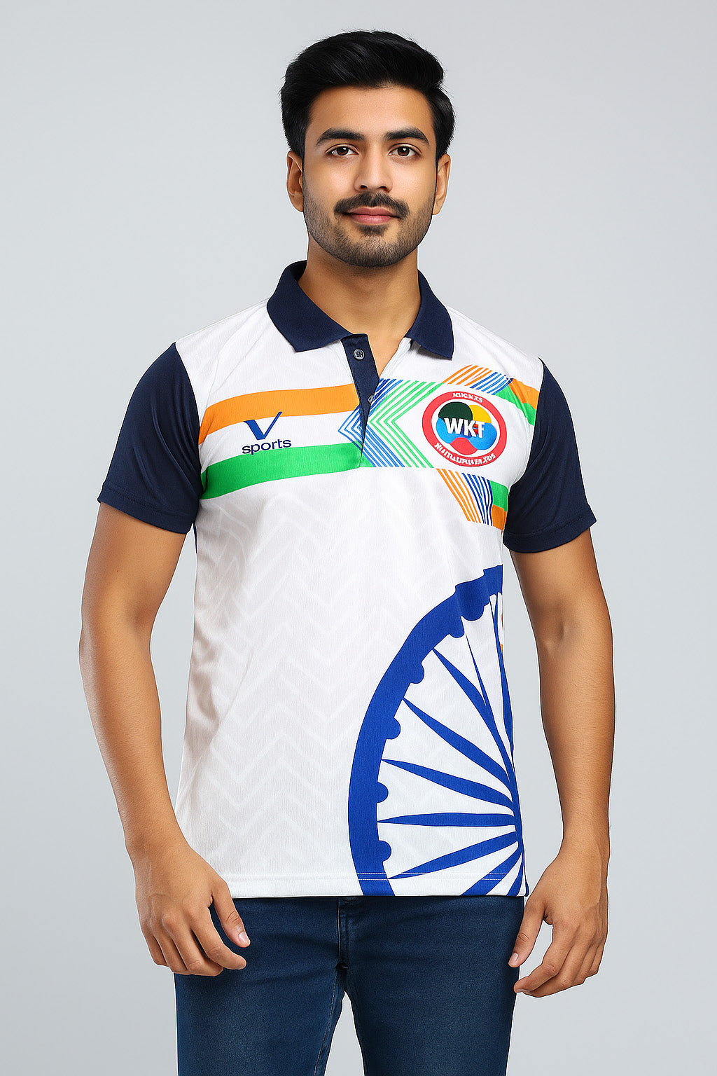 Men's Sports Polo T-Shirt – WKF Printed, Tricolor Gradient Design, Quick Dry, Gym & Outdoor Wear, jearsy for men,Workout Polo Shirt