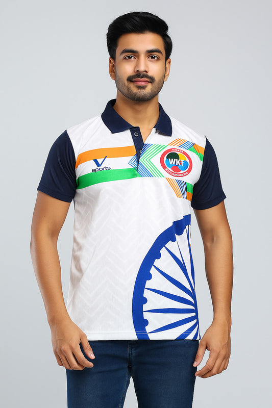 Men's Sports Polo T-Shirt – WKF Printed, Tricolor Gradient Design, Quick Dry, Gym & Outdoor Wear, jearsy for men,Workout Polo Shirt