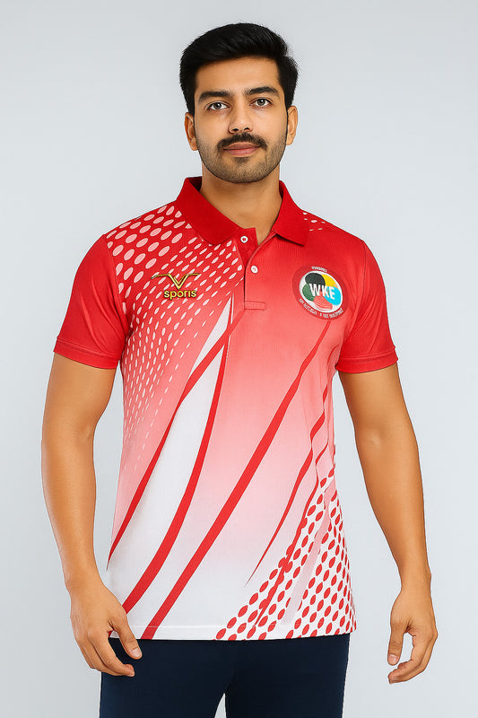 Unisex Karate Sports Polo T-Shirt – WKF Red & White Printed Jersey for Training & Gym