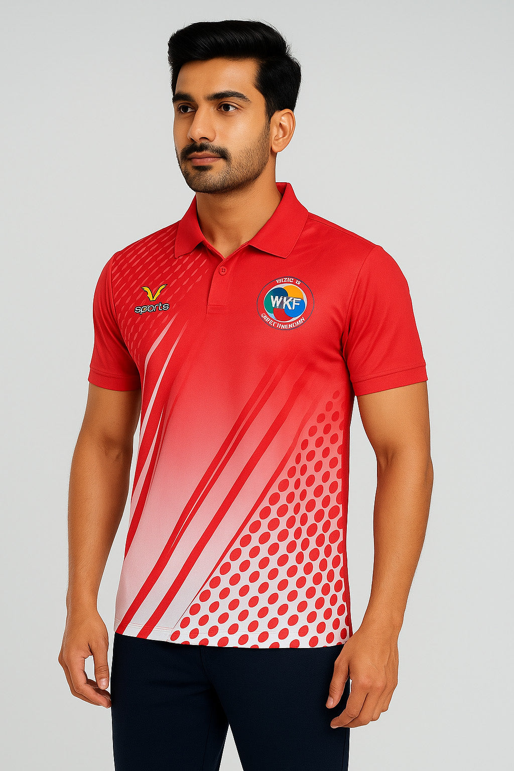 Unisex Karate Sports Polo T-Shirt – WKF Red & White Printed Jersey for Training & Gym