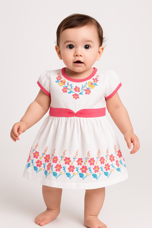 Baby Girl Cotton Frock – White Floral Print with Pink Border