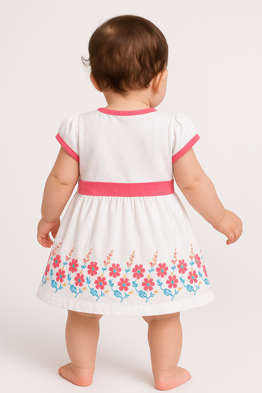 Baby Girl Cotton Frock – White Floral Print with Pink Border
