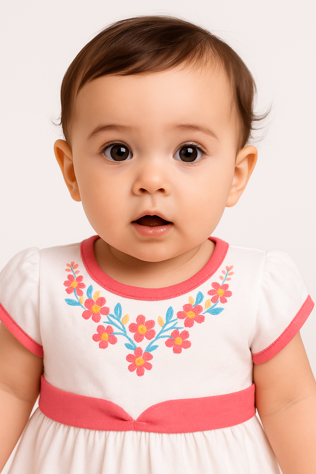 Baby Girl Cotton Frock – White Floral Print with Pink Border