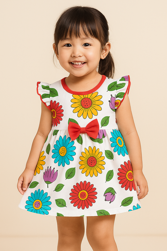 Baby Girl Cap Sleeve Cotton Frock with Colorful Floral Print and Red Bow – Summer Dress