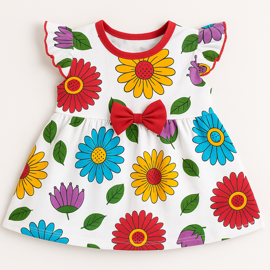 Baby Girl Cap Sleeve Cotton Frock with Colorful Floral Print and Red Bow – Summer Dress