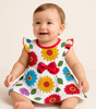 Baby Girl Cap Sleeve Cotton Frock with Colorful Floral Print and Red Bow – Summer Dress