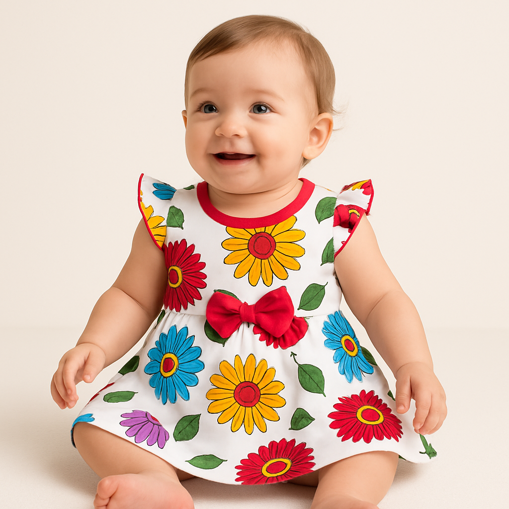 Baby Girl Cap Sleeve Cotton Frock with Colorful Floral Print and Red Bow – Summer Dress