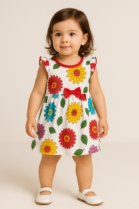 Baby Girl Cap Sleeve Cotton Frock with Colorful Floral Print and Red Bow – Summer Dress
