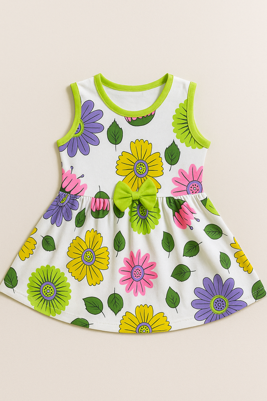 Baby Girl Floral Sleeveless Cotton Frock – Colorful Flower Print Dress with Bow