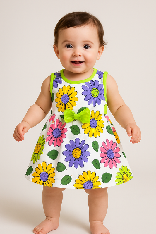 Baby Girl Floral Sleeveless Cotton Frock – Colorful Flower Print Dress with Bow