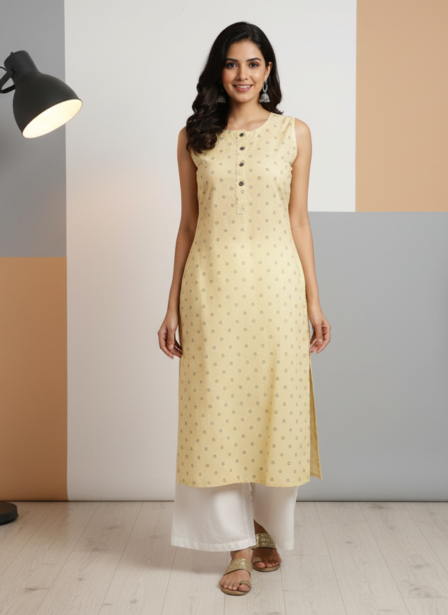 Light Yellow Sleeveless Kurti for Women – Stylish Casual & Office Wear