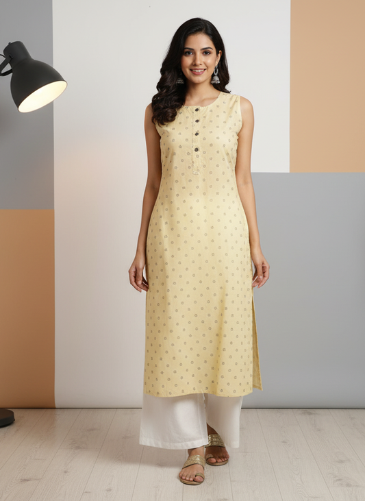 Light Yellow Sleeveless Kurti for Women – Stylish Casual & Office Wear