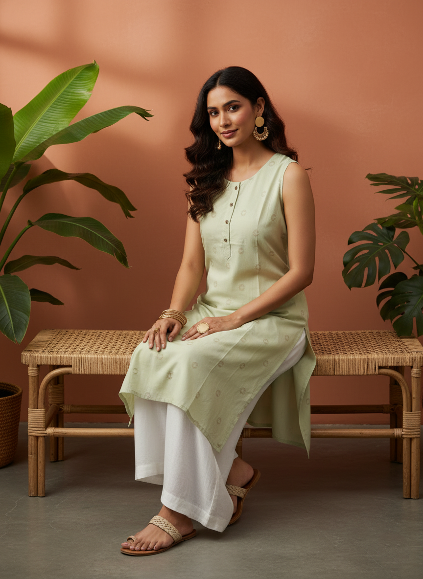 Light Green Sleeveless Kurti for Women – Elegant Summer Wear