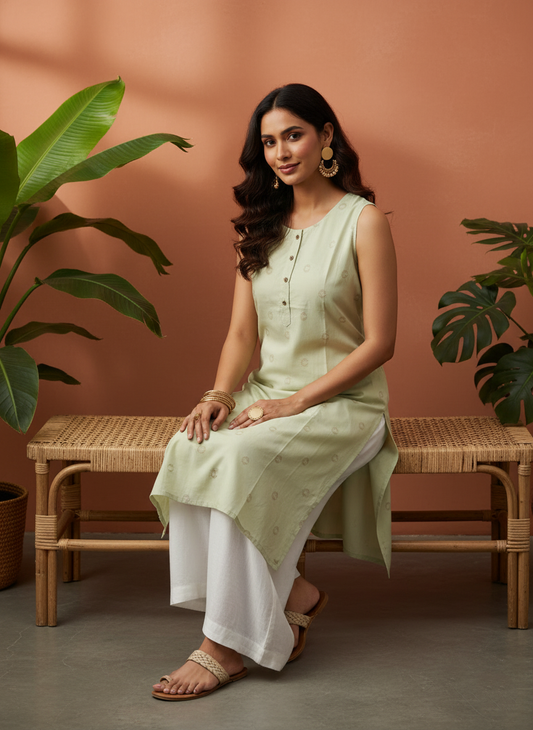 Light Green Sleeveless Kurti for Women – Elegant Summer Wear