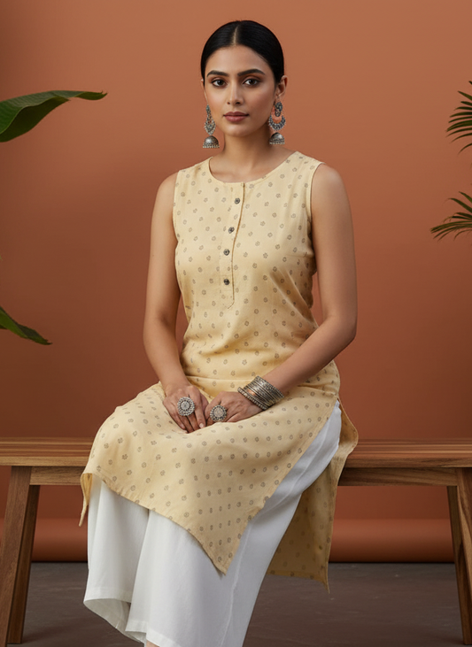 Light Yellow Sleeveless Kurti for Women – Stylish Casual & Office Wear
