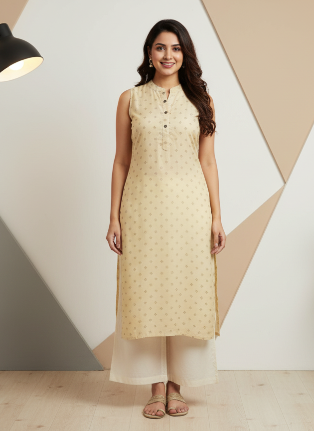 Light Yellow Sleeveless Kurti for Women – Stylish Casual & Office Wear