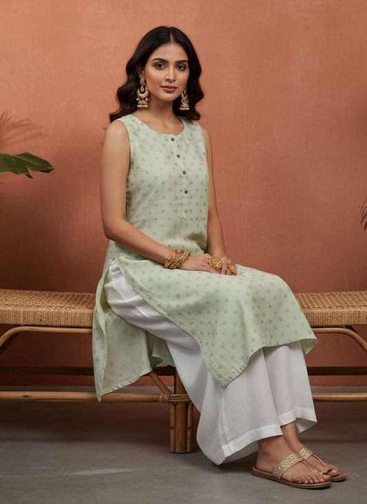 Light Green Sleeveless Kurti for Women – Elegant Summer Wear