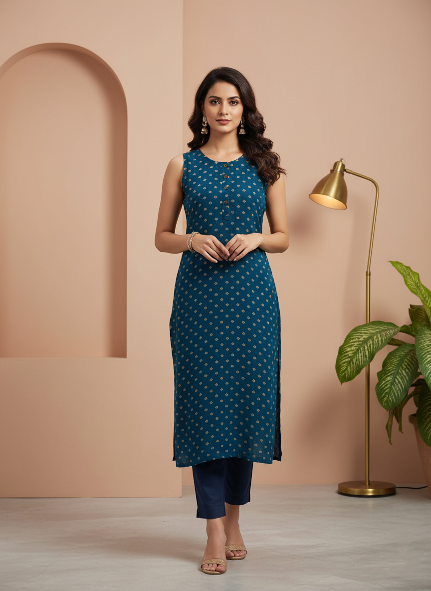 Navy Blue Sleeveless Kurti for Women – Stylish Casual & Office Wear