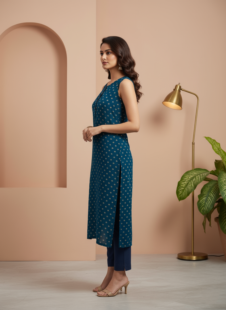 Navy Blue Sleeveless Kurti for Women – Stylish Casual & Office Wear