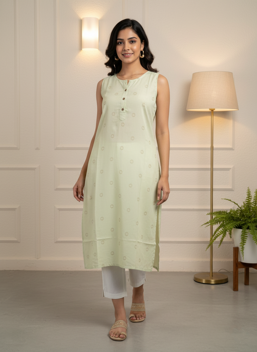 Light Green Sleeveless Kurti for Women – Elegant Summer Wear