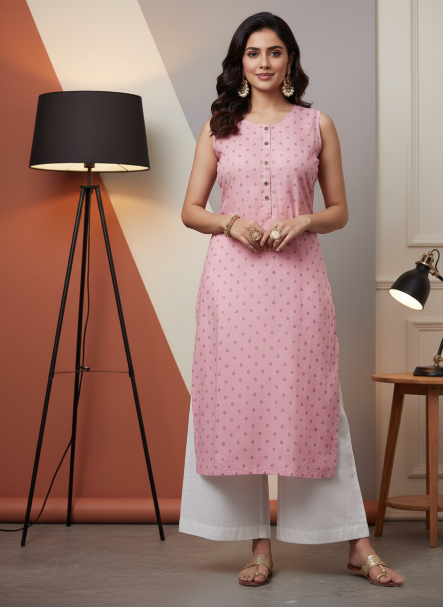 Light Pink Sleeveless Kurti for Women – Stylish Casual & Office Wear