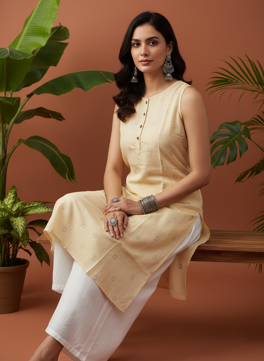 Light Yellow Sleeveless Kurti for Women – Stylish Casual & Office Wear