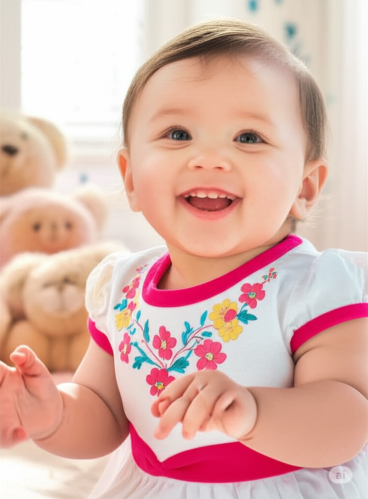 Baby Girl Cotton Frock – White Floral Print with Pink Border