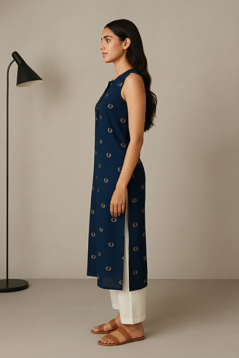 Navy Blue Sleeveless Kurti for Women – Stylish Casual & Office Wear
