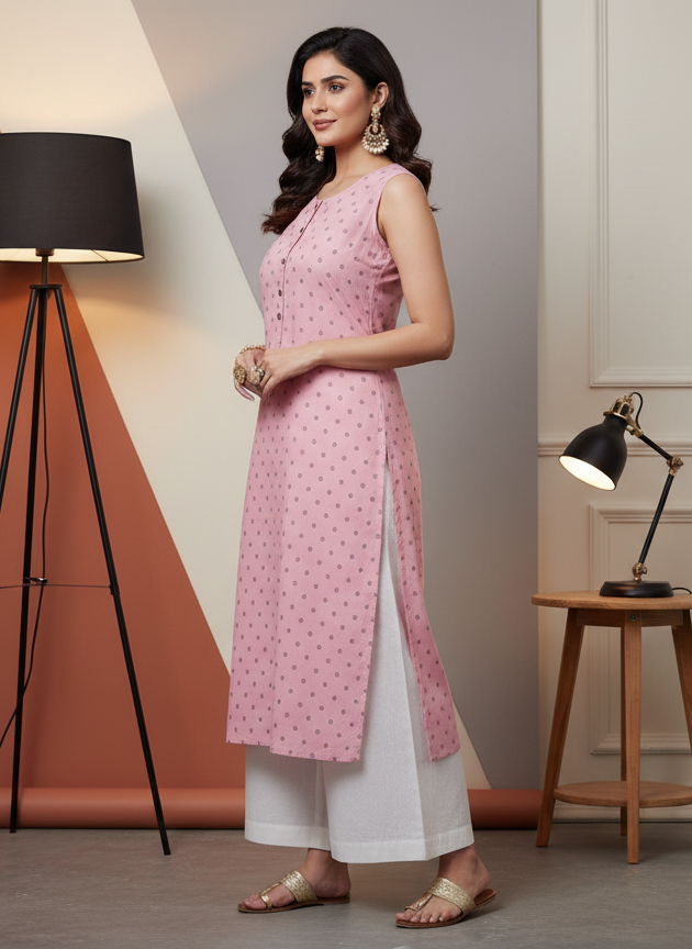Light Pink Sleeveless Kurti for Women – Stylish Casual & Office Wear