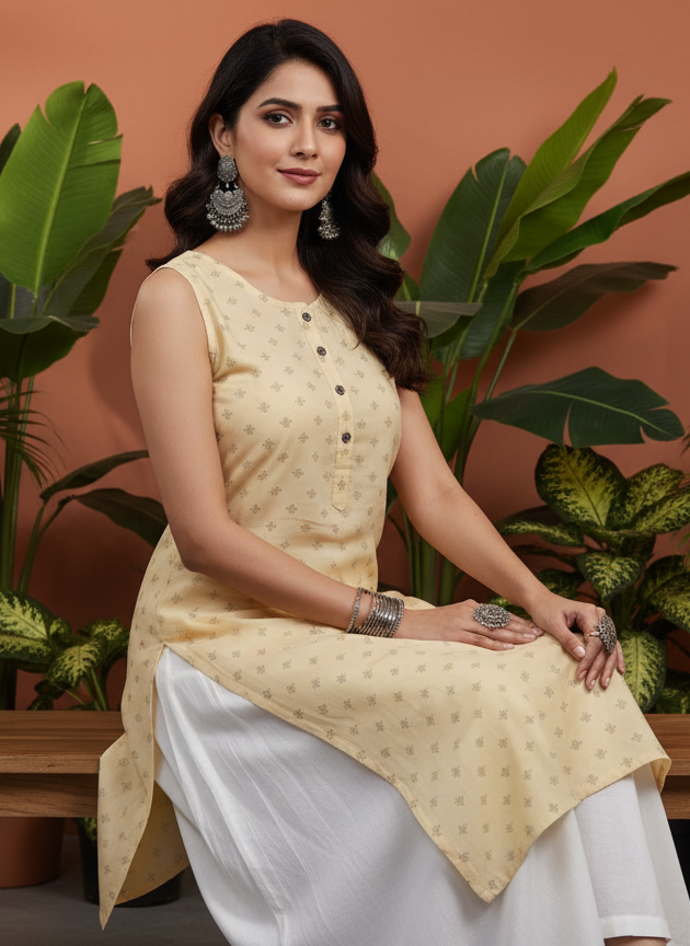 Light Yellow Sleeveless Kurti for Women – Stylish Casual & Office Wear