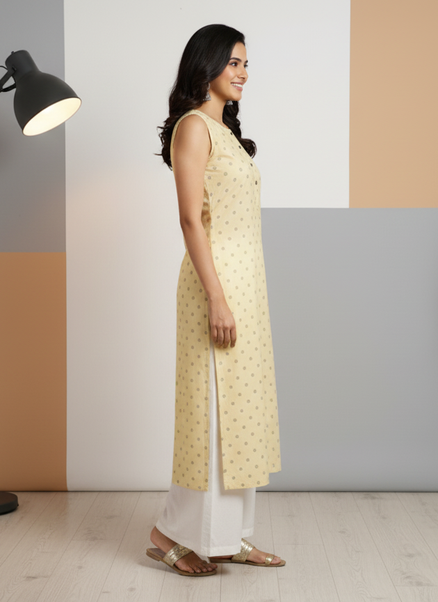 Light Yellow Sleeveless Kurti for Women – Stylish Casual & Office Wear