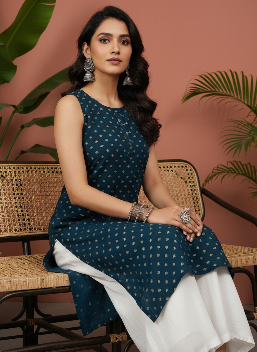 Navy Blue Sleeveless Kurti for Women – Stylish Casual & Office Wear