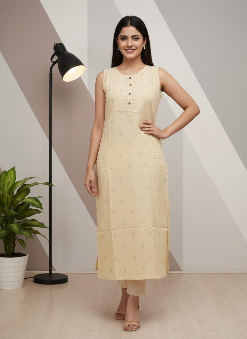 Light Yellow Sleeveless Kurti for Women – Stylish Casual & Office Wear