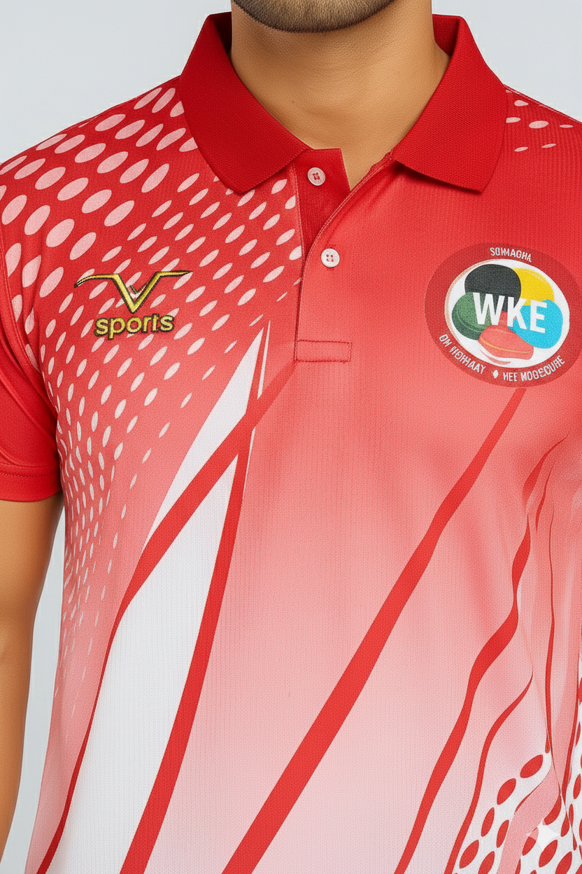 Unisex Karate Sports Polo T-Shirt – WKF Red & White Printed Jersey for Training & Gym