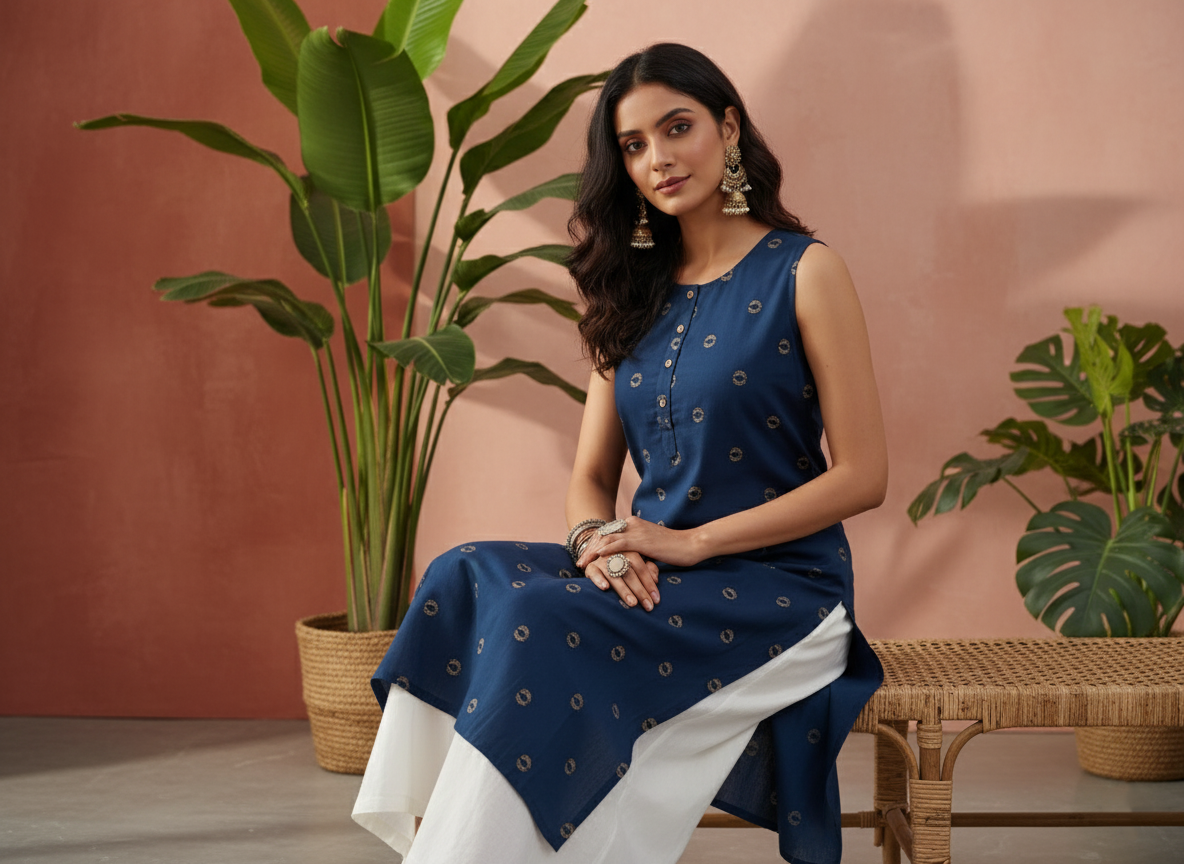 Navy Blue Sleeveless Kurti for Women – Stylish Casual & Office Wear